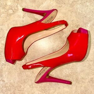 GUESS Red and Pink Peep Toe Slingback Platform Heels Women’s Size 8.5 ❤️🩷